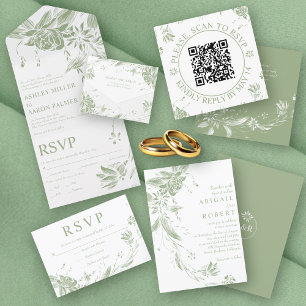 Branche avec fleurs vert sauge carte menu mariage