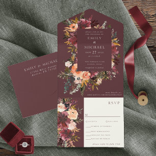 Invitation Marsala Burgundy Peach Aquarelle Florale
