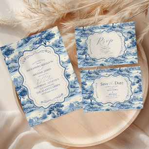 Invitation Tout En Un Blue Chinoiserie Porcelain Botanique Peony Mariage