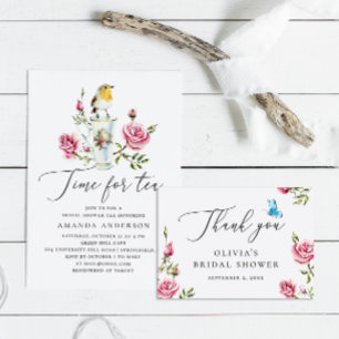 Carte De Remerciements Elégante aquarelle roses & tasse thé nuptiale douc