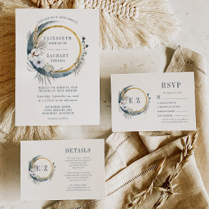 Invitation Boho Blue Moon Floral Wreath Mariage