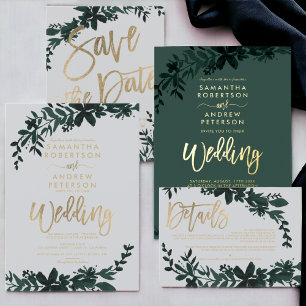 Invitation Typographie or chic Floral gris mariage
