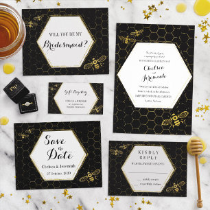 Honey Bee Black Gold Custom Wedding Invitation