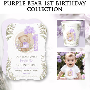 T-shirt Pour Bébé 1er Anniversaire Nom Cute Teddy Bear Purple