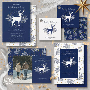 Invitation Bleu Nuit Blanc Noël Cerf Evergreen Scandi