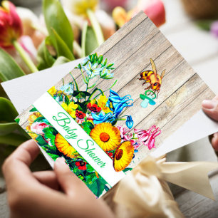 Invitation Twins Baby shower Blue Rose Floral Miel Bees