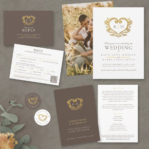 Invitation Coeur or mariage brun foncé