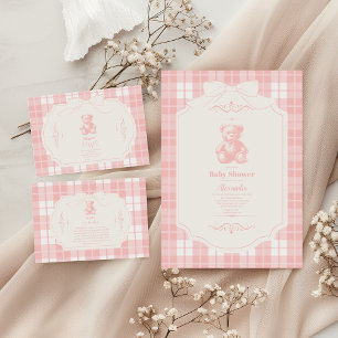 Invitation Bow rose En vichy Baby shower d'ours en peluche fr