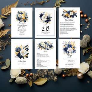 Menu Mariage floral marine, blanc et or