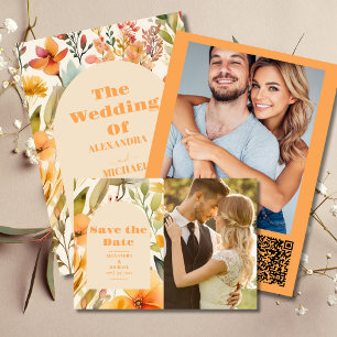 Invitation Tout En Un QR Code Aquarelle rose orange Fleur sauvage Mariag