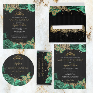Ballotins Vintage Vert Roses Noir Or dentelle Quinceañera