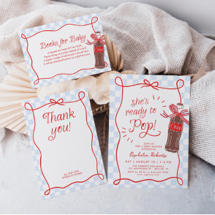 Carte De Remerciements Baby Shower Fille Rétro à Carreaux Bleus et Rouges