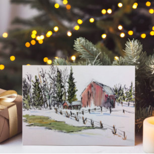 Cartes Pour Fêtes Annuelles Paysage de la grange rouge d'hiver