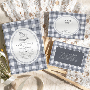 Carte De Remerciements Baby-Shower Vintage Prépa Bleu Gingham