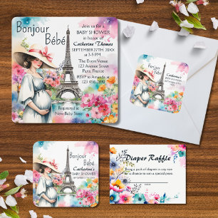 Invitation Bonjour Bebe Floral Tour Eiffel Baby shower Paris