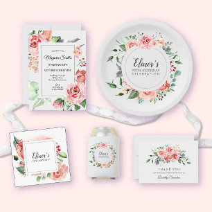 Serviette En Papier Pastel Red Rose Floral 70e anniversaire Merci