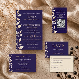 Invitation Mariage Élégant avec Bordure Botanique Navy