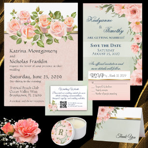 Invitation Pêcher les Roses en blanc avec Mariage or