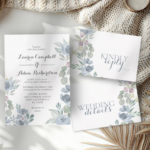 Invitation de mariage florale aquarelle bleu pouss