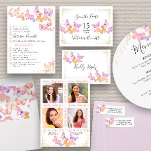 Invitation Aquarelle papillon Quinceanera avec 4 photos