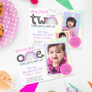 Invitation Doodles Kawaii 2-Photo Rainbow Girl's 2nd Birthday