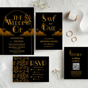 Invitation Élégant mystique nuages d'or noir Mariage de lune