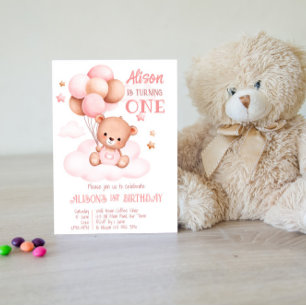 Invitation Ours en peluche en arc rose et marron avec fête de