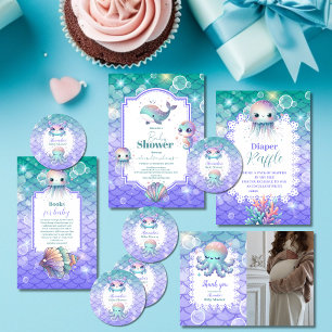 Invitation Tout En Un Sous le Baby shower d'aquarelle de mer