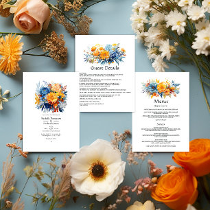 Carte D'accompagnement Mariage Floral bleu, orange et jaune Détails de l'