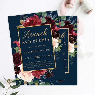 Invitation Mariage d'or boho floral boho de marine et bordeau