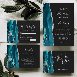 Cartons Réponse Mariage foncé turquoise Argent Agate