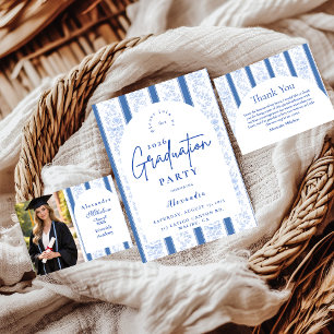 Carte De Remerciements Fête de remise de diplômes avec toile de Jouy bleu