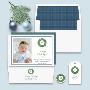 Cartes Pour Fêtes Annuelles Chic Boxwood Wreath Monogramme Famille Tartan Phot