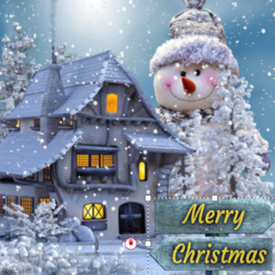 Sticker Rond Fête de Noël Hiver Blanc Snowman Bleu Russe