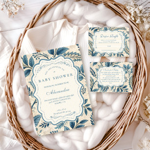 Invitation Baby-Shower Botanique Vintage Bleu