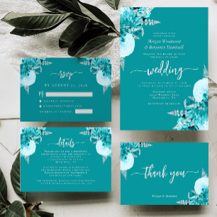 Carte D'accompagnement Turquoise Argent Floral Script Mariage Réponse Inc