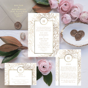 Invitation Mariage de couronne de monogramme d'or noir Premiu