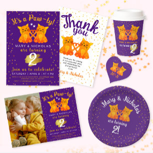 Invitation Pawty Purple Orange Twin Friend Kitten Joint Party