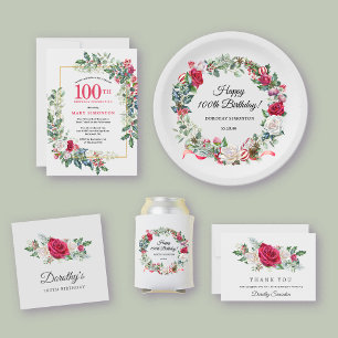 Invitation Rose blanche rouge Floral Holly 100e anniversaire