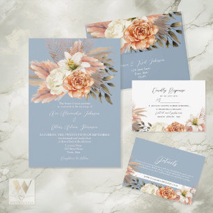 Dusty Blue Pêche Floral Élégant Mariage Invitation