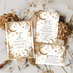 Carte De Remerciements Mariage Lune & Étoiles en Or Blanc Céleste