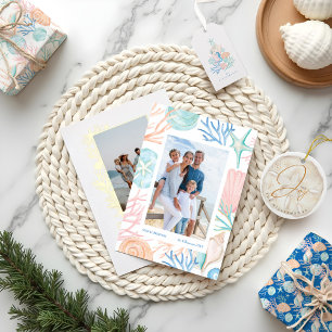 Cartes Pour Fêtes Annuelles Plage de Noël de la côte Aquarelle de coquillage P