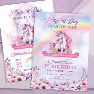 Invitation Pastel Pink Unicorn et Rainbows 2e anniversaire