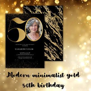 Invitation Elégant Black Gold Photo personnalisée 50e anniver
