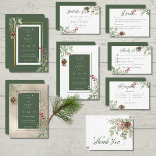 Invitation Mariage vert des baies de pin d'hiver moderne