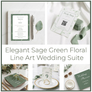 Invitation Élégant Mariage Floral Art Linéaire Vert Sauge