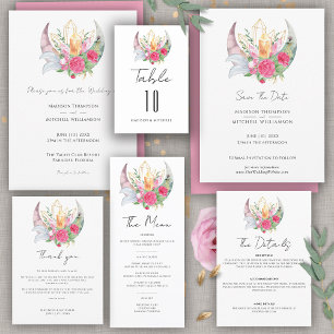 Cartons Réponse Mariage Boho Lune Cristaux Plumes Fleurs Roses 