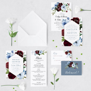 Invitation Elégant Dusty bleu bordeaux fleurs mariage