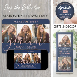 Invitation 4 Photo Graduation Party Marine Bleu & Pink Script