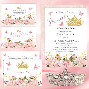 Carte De Remerciements Couronne   Papillons Floral Princess Baby shower